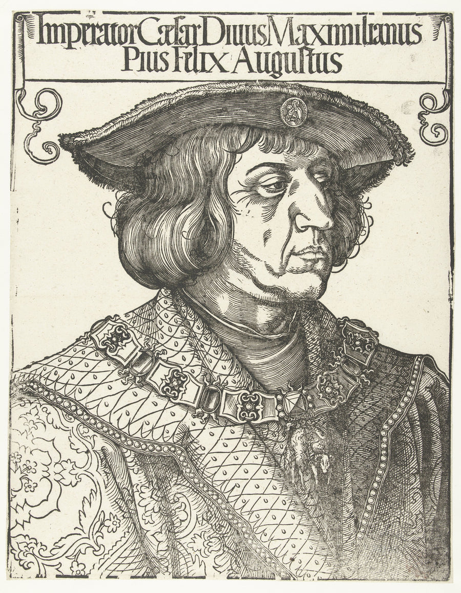 Albrecht Dürer — Emperor Maximilian I | Woodcut Print shown to scale on a wall above a sofa