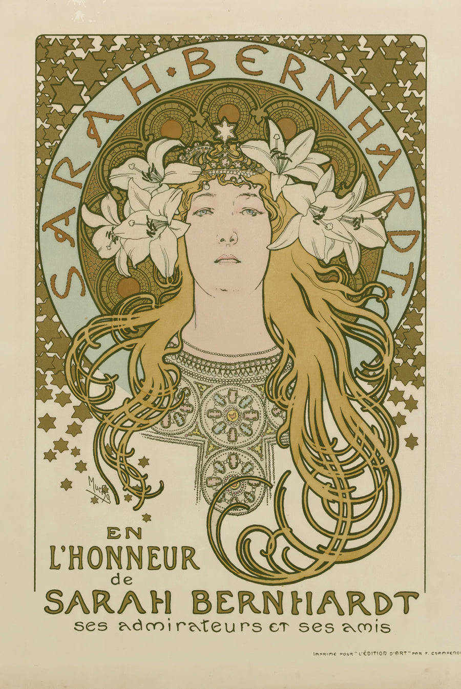 Alphonse Mucha — En l’honneur de Sarah Bernhardt, ses admirateurs et ses amis | Vintage Poster Print shown to scale on a wall above a sofa