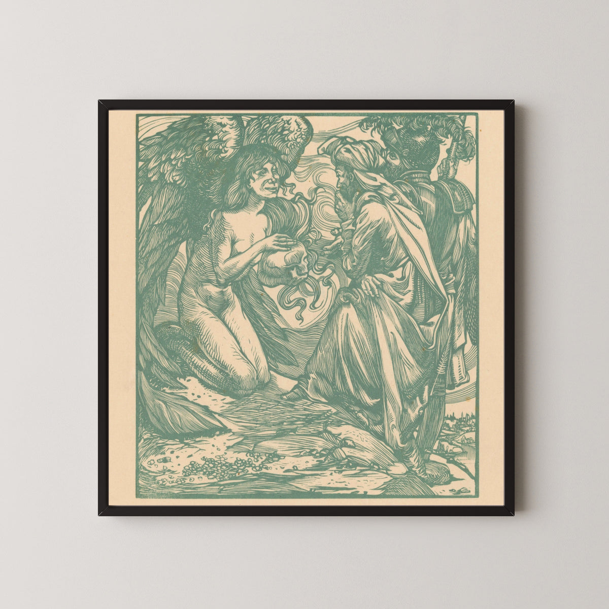 Johannes Josephus Aarts — Engel toont een schedel aan twee mannen [Angel shows a skull to two men] | Art Nouveau Woodcut Print