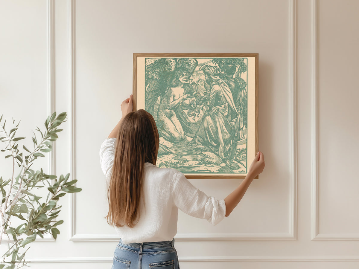 Johannes Josephus Aarts — Engel toont een schedel aan twee mannen [Angel shows a skull to two men] | Art Nouveau Woodcut Print