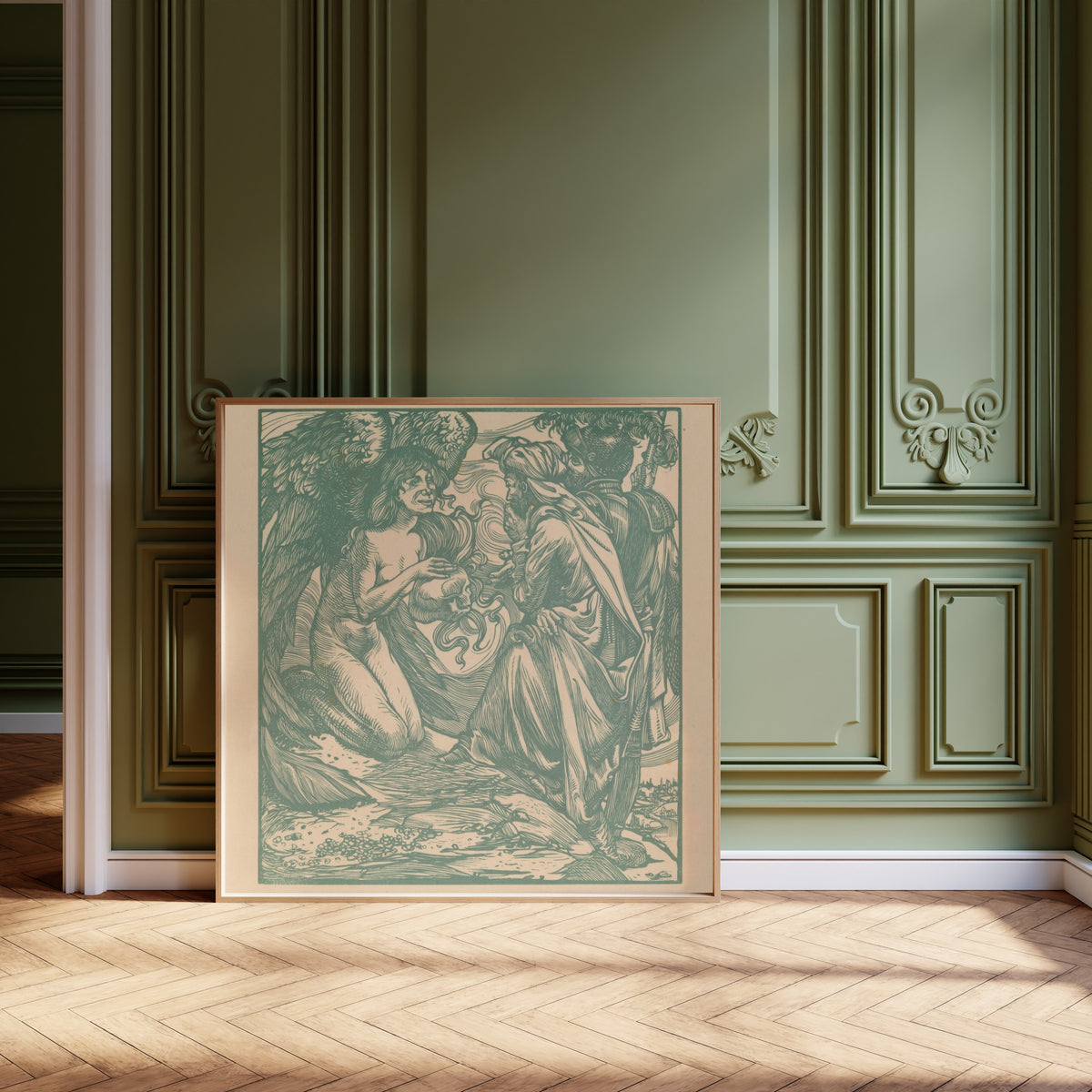 Johannes Josephus Aarts — Engel toont een schedel aan twee mannen [Angel shows a skull to two men] | Art Nouveau Woodcut Print