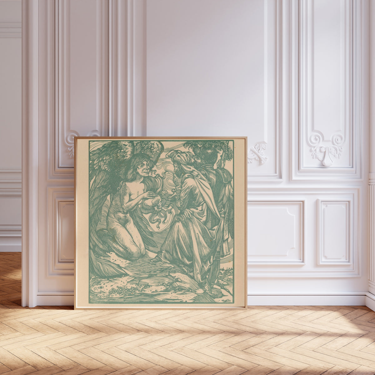 Johannes Josephus Aarts — Engel toont een schedel aan twee mannen [Angel shows a skull to two men] | Art Nouveau Woodcut Print