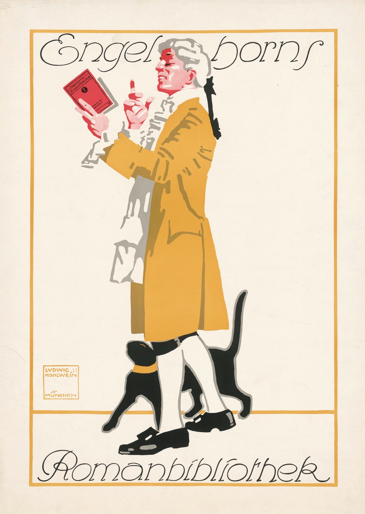 Engelhorns Romanbibliothek by Ludwig Hohlwein — A gentleman in a gold coat and wig reads a red book with a black cat