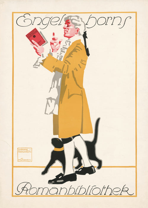 Engelhorns Romanbibliothek by Ludwig Hohlwein — A gentleman in a gold coat and wig reads a red book with a black cat