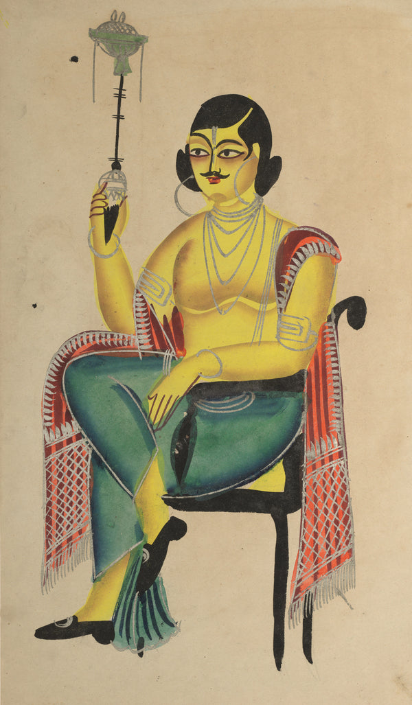 Kalighat painter — English Babu (Native Indian Clerk) Holding a Hookah | Kalighat Painting Print