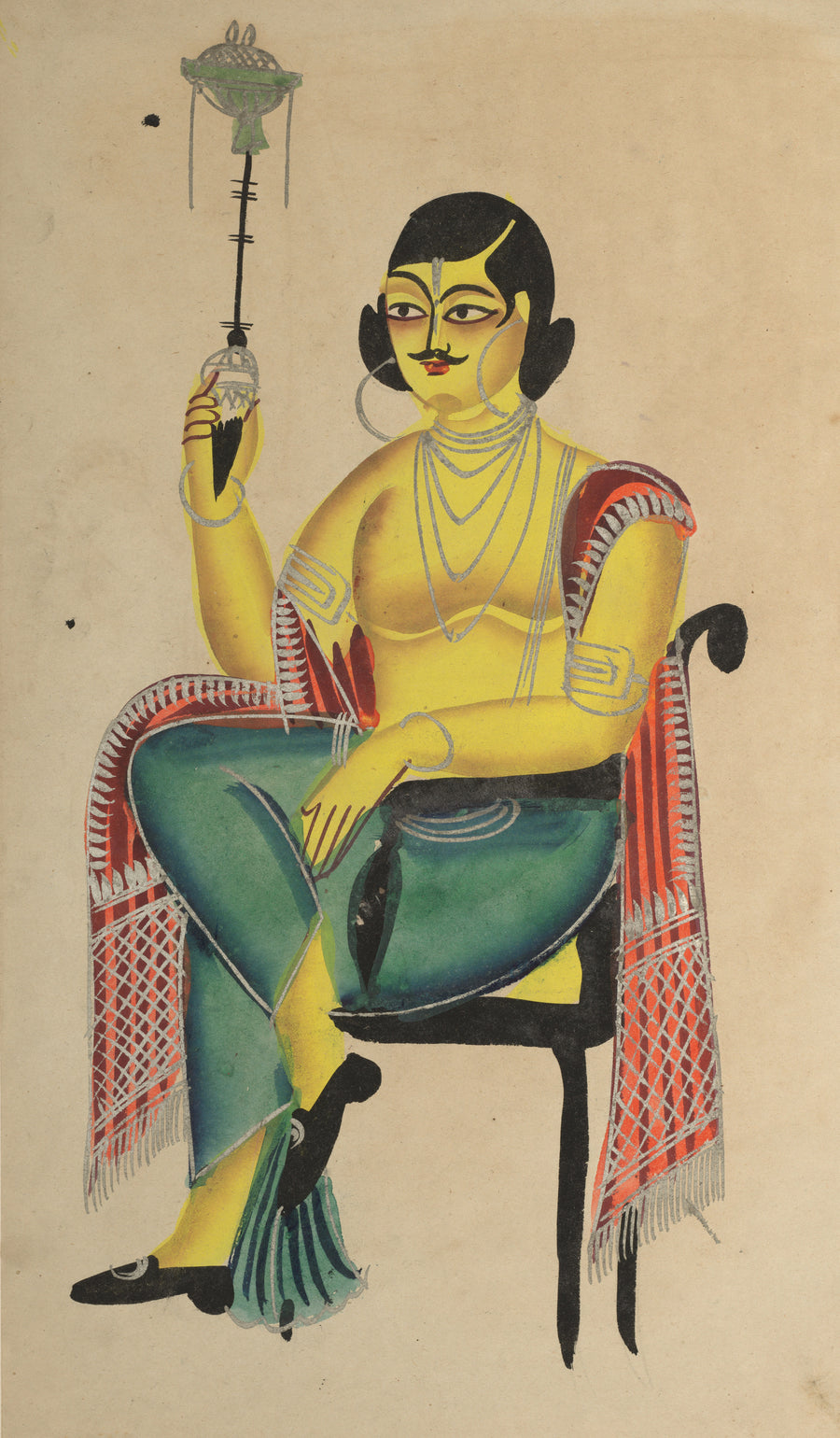 Kalighat painter — English Babu (Native Indian Clerk) Holding a Hookah | Kalighat Painting Print shown to scale on a wall above a sofa
