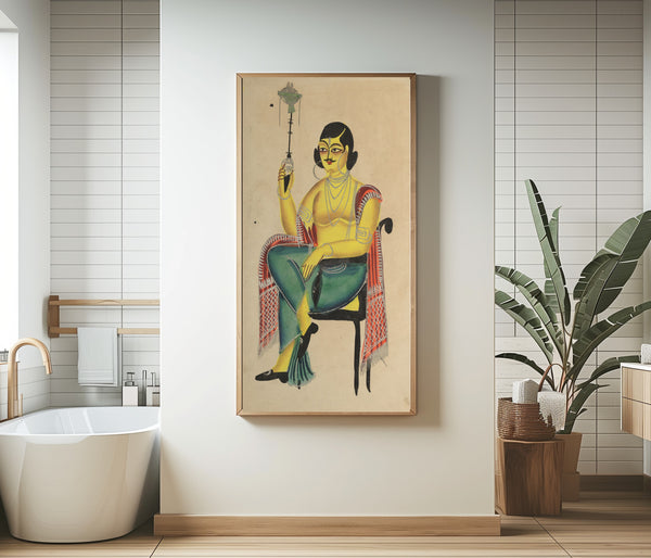 Kalighat painter — English Babu (Native Indian Clerk) Holding a Hookah | Kalighat Painting Print