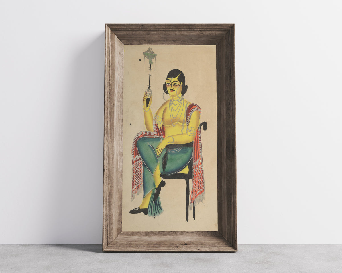Kalighat painter — English Babu (Native Indian Clerk) Holding a Hookah | Kalighat Painting Print