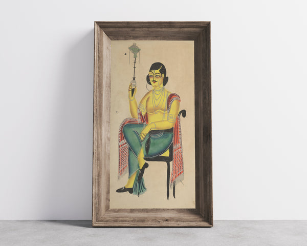 Kalighat painter — English Babu (Native Indian Clerk) Holding a Hookah | Kalighat Painting Print
