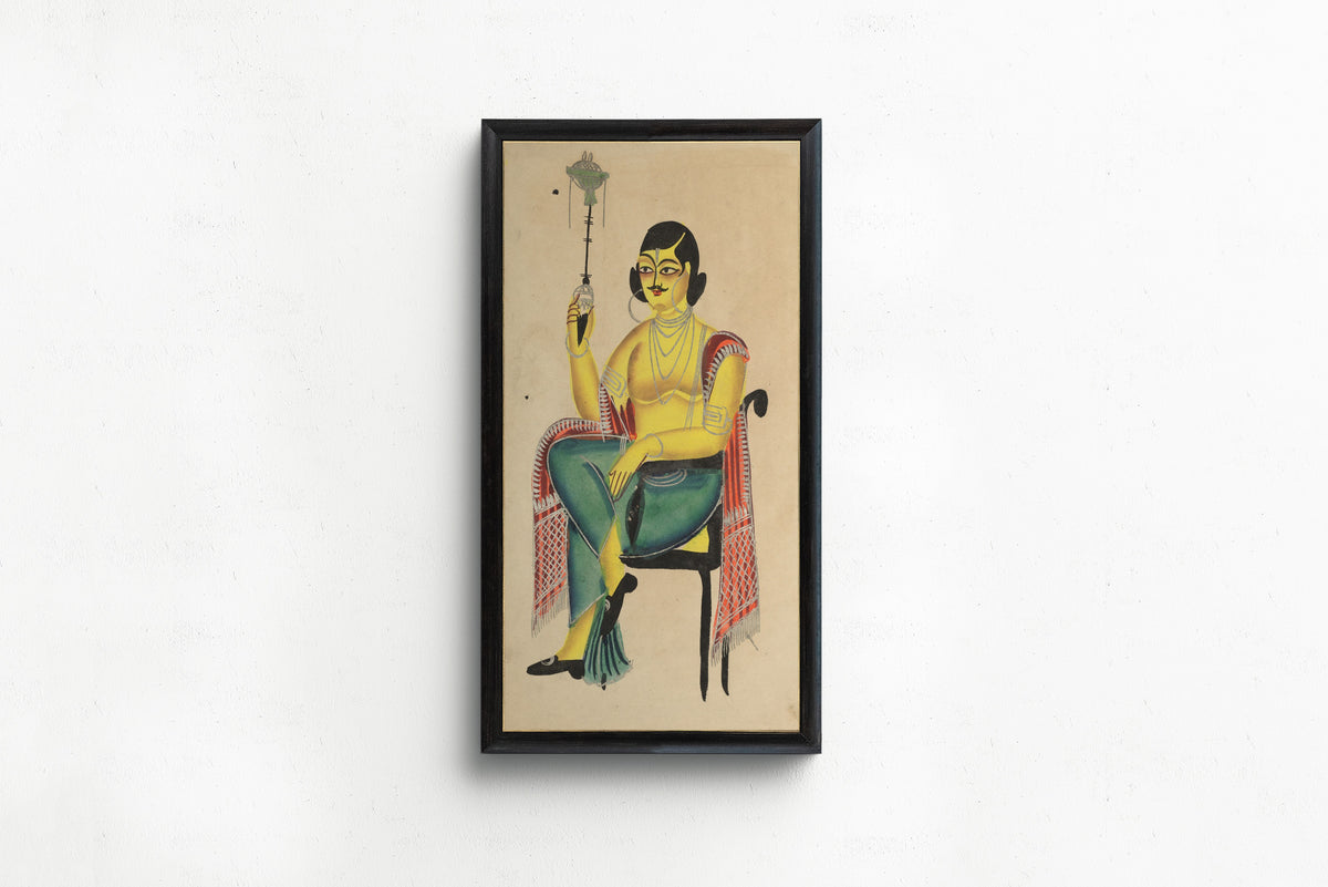 Kalighat painter — English Babu (Native Indian Clerk) Holding a Hookah | Kalighat Painting Print