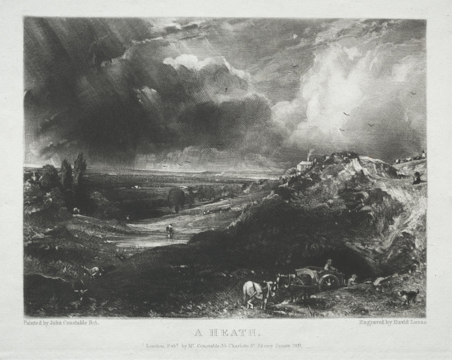 John Constable — English Landscape: A Heath | Mezzotint Print shown to scale on a wall above a sofa