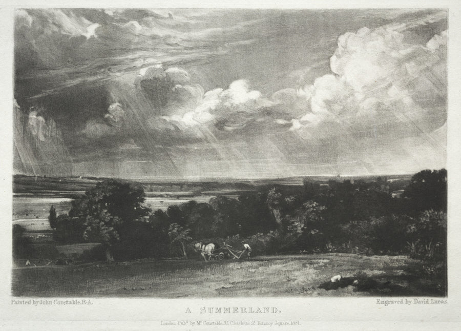 John Constable — English Landscape: A Summerland | Mezzotint Print shown to scale on a wall above a sofa