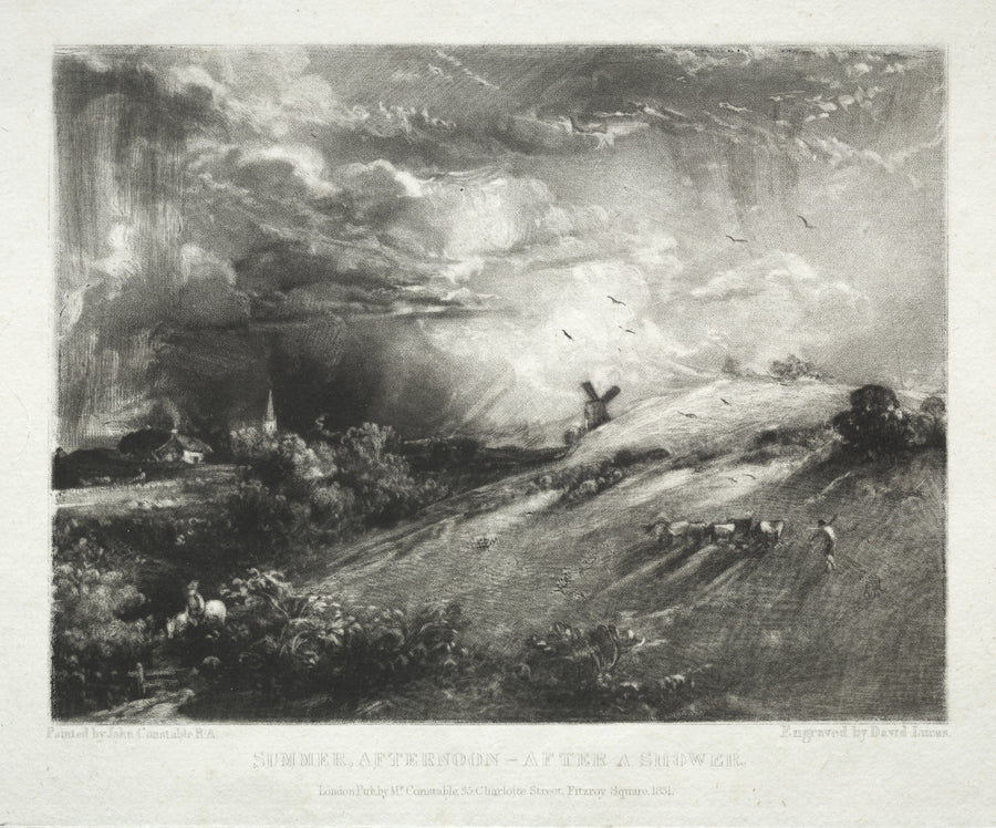 John Constable — English Landscape: Summer Afternoon, After a Shower | Mezzotint Print shown to scale on a wall above a sofa