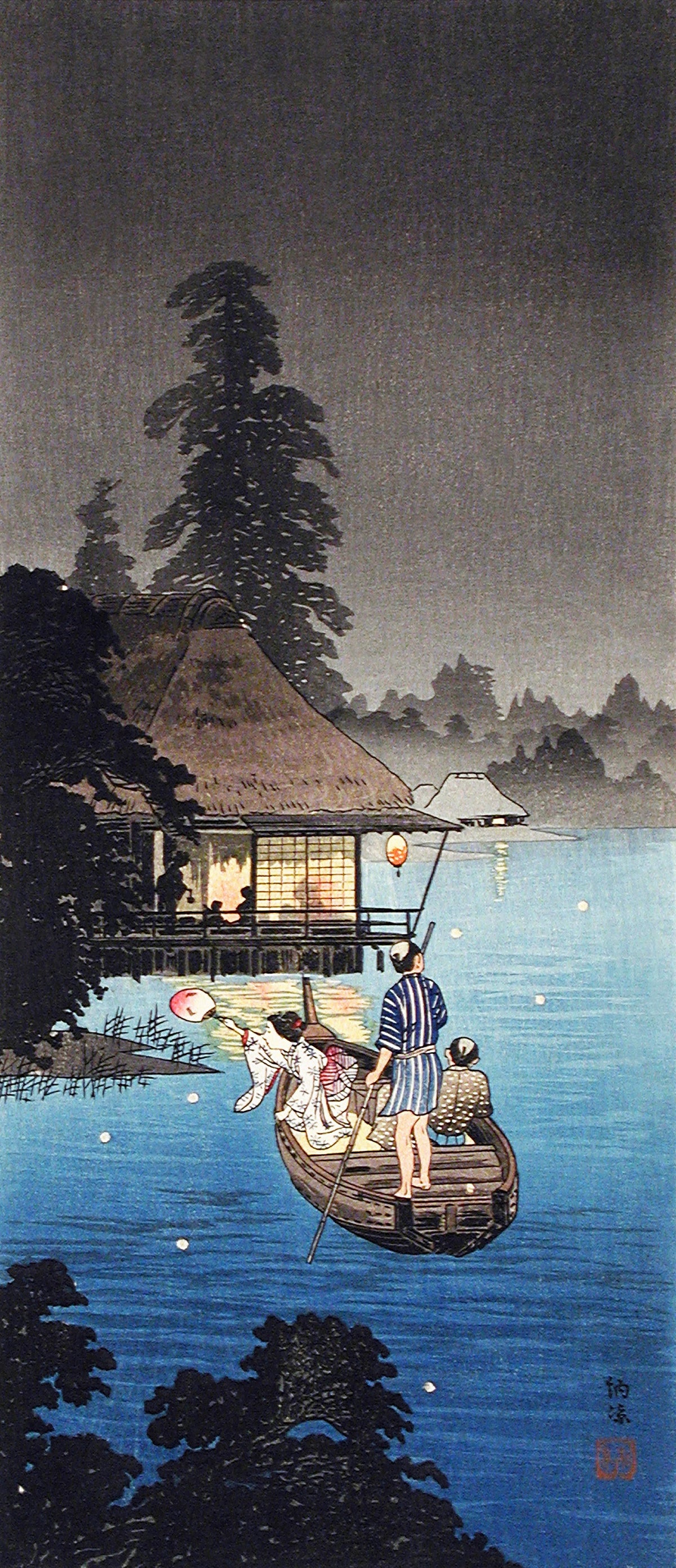 Takahashi Shotei — Enjoying Evening Cool (ca.1926–1927) | Japanese Woodblock Print (Shin Hanga)