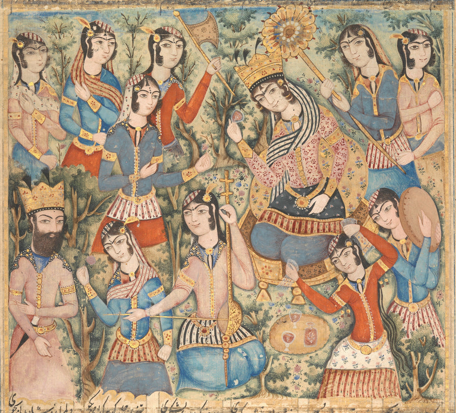 Enthroned Queen and Prince Surrounded by Musicians | Persian Miniature Art Print shown to scale on a wall above a sofa