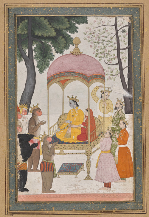Enthroned Rama and Sita Receive Homage from their Monkey and Bear Allies by Pahari school — Rama and Sita receive homage beneath a pink canopy