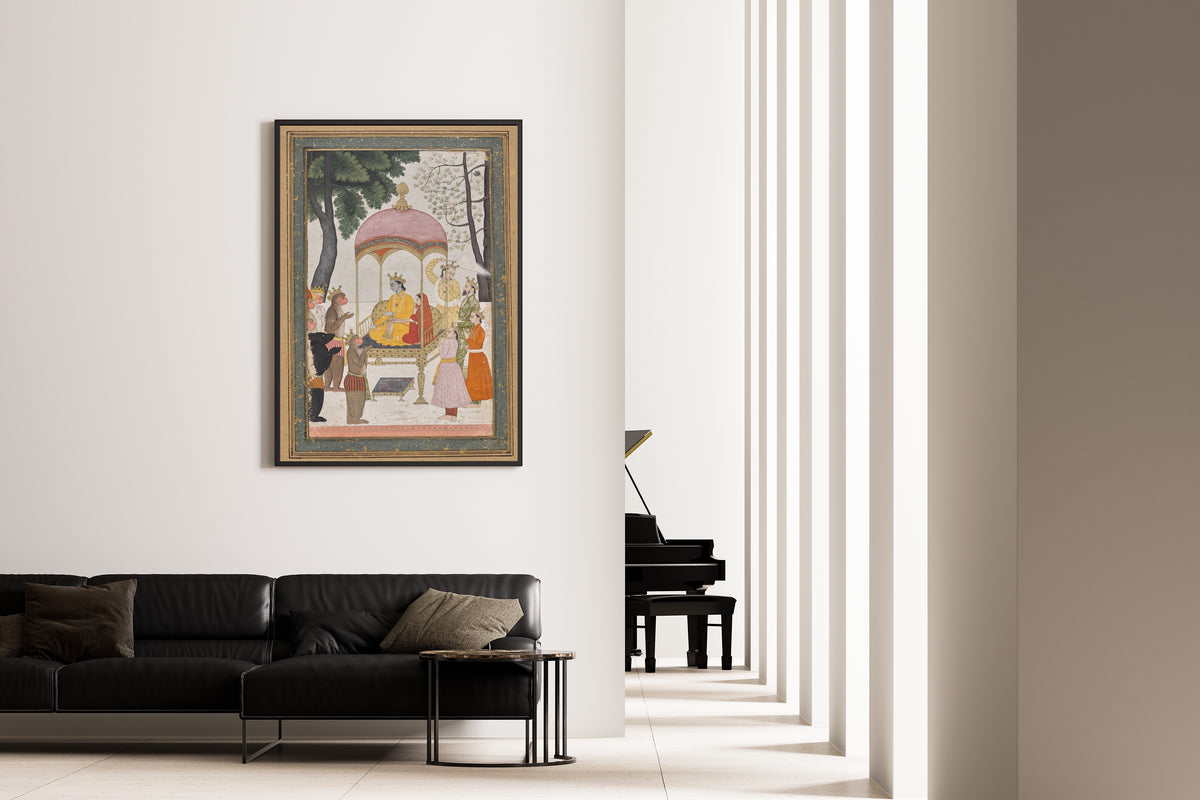 Framed art print of Enthroned Rama and Sita Receive Homage from their Monkey and Bear Allies by Pahari school, on the wall of a minimal living room