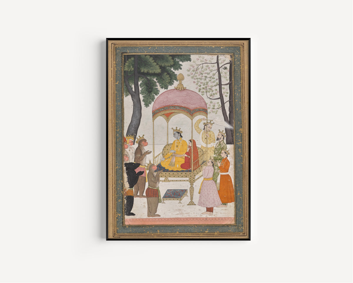 Framed art print of Enthroned Rama and Sita Receive Homage from their Monkey and Bear Allies by Pahari school, in a slim black frame on a plain white wall