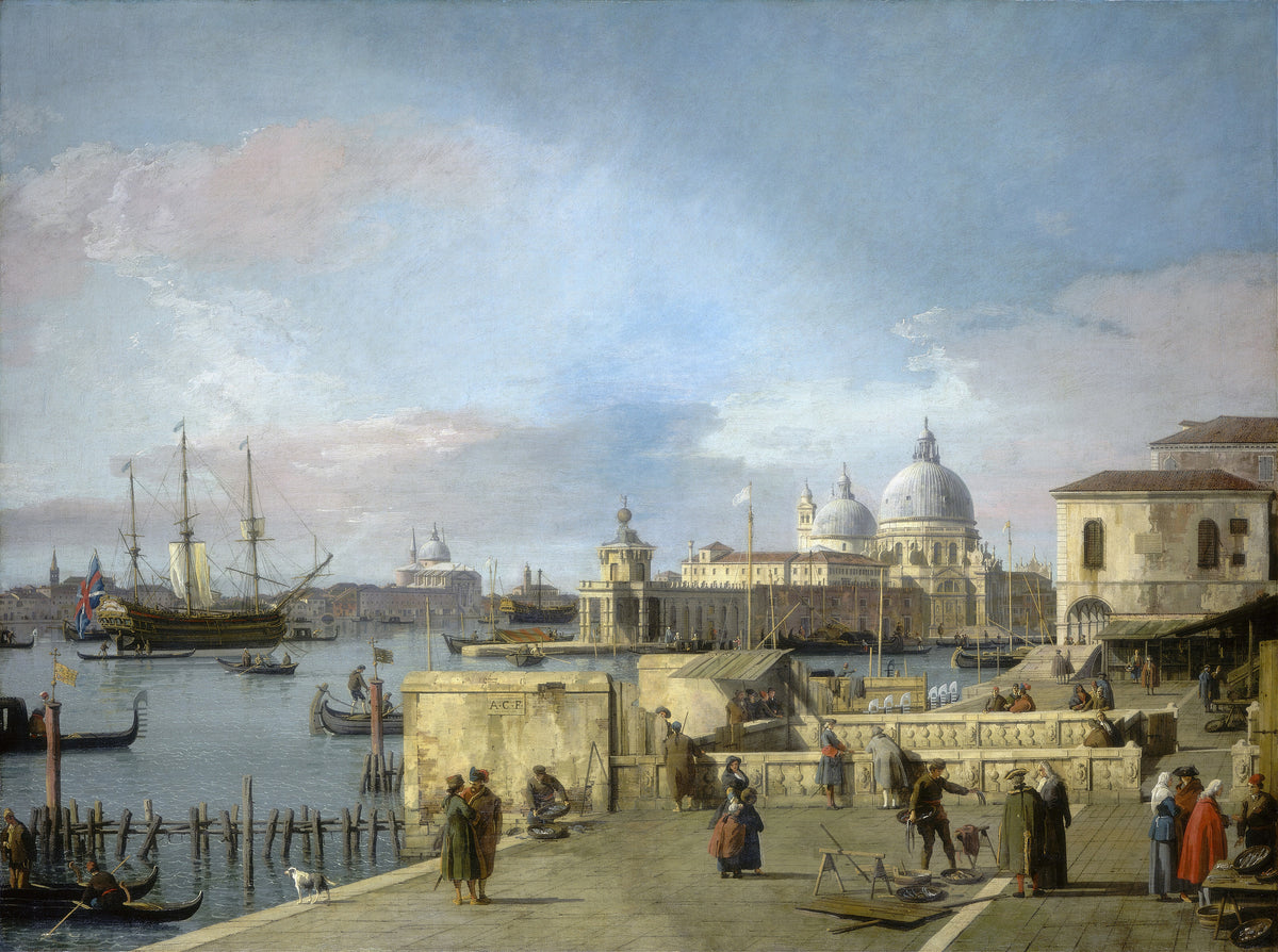 Entrance to the Grand Canal from the Molo, Venice by Canaletto — Venetians gather on a sunlit quay with a domed church beyond
