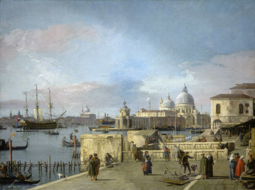 Entrance to the Grand Canal from the Molo, Venice by Canaletto — Venetians gather on a sunlit quay with a domed church beyond