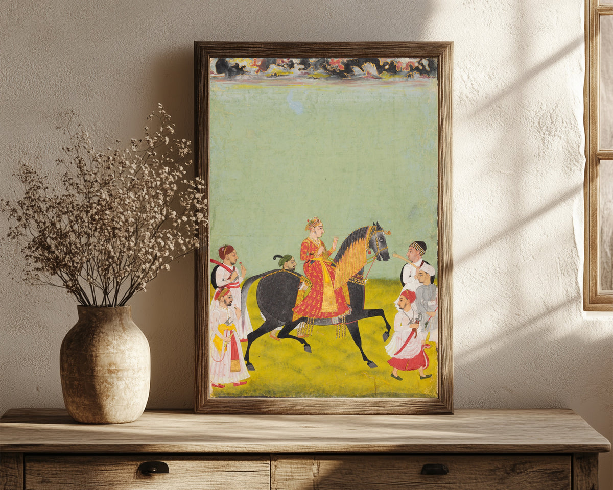 Framed art print of Equestrian Portrait of Maharana Raj Singh II of… by Mewar school, in a dark wood frame leaning on a rustic console beside dried flowers