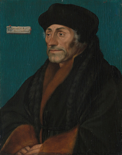 Erasmus of Rotterdam by Hans Holbein the Younger — A man in a black cap and fur-edged coat turns in three-quarter view