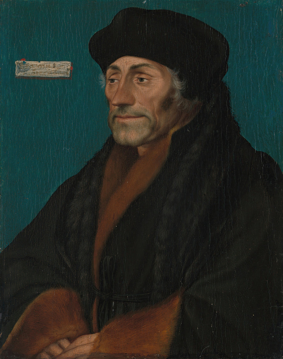 Hans Holbein the Younger — Erasmus of Rotterdam | Fine Art Print shown to scale on a wall above a sofa