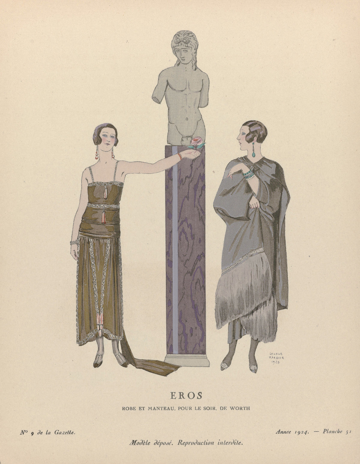 George Barbier — Eros, robe et manteau pour le soir de Worth | Art Deco Fashion Print