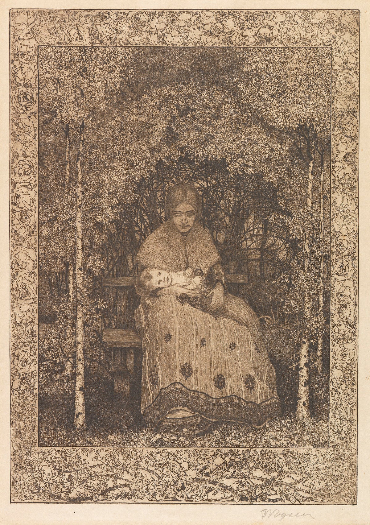 Erster Sommer by Heinrich Vogeler — A woman holds an infant among birches inside a rose border