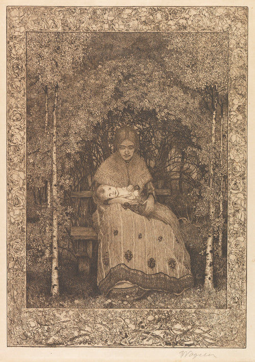 Erster Sommer by Heinrich Vogeler — A woman holds an infant among birches inside a rose border