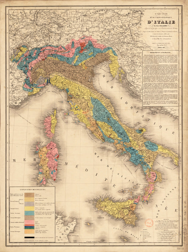 Hyacinthe de Collegno — Esquisse d'une carte géologique d'Italie | Antique Geological Map Print