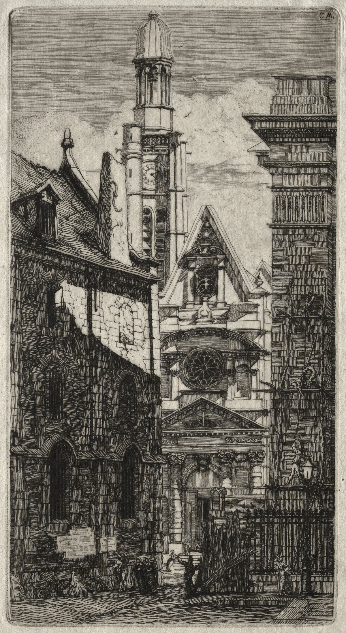 Etchings of Paris: Church of Saint Stephen of the Mount by Charles Meryon — A narrow street opens onto a church façade and a bell tower