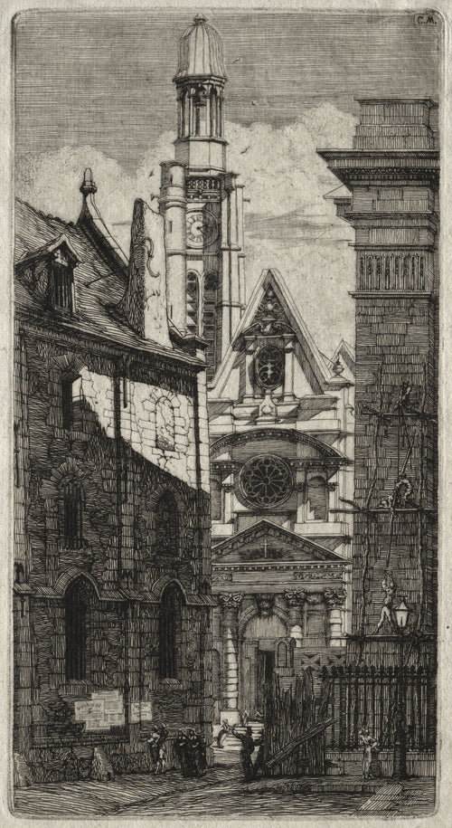 Etchings of Paris: Church of Saint Stephen of the Mount by Charles Meryon — A narrow street opens onto a church façade and a bell tower