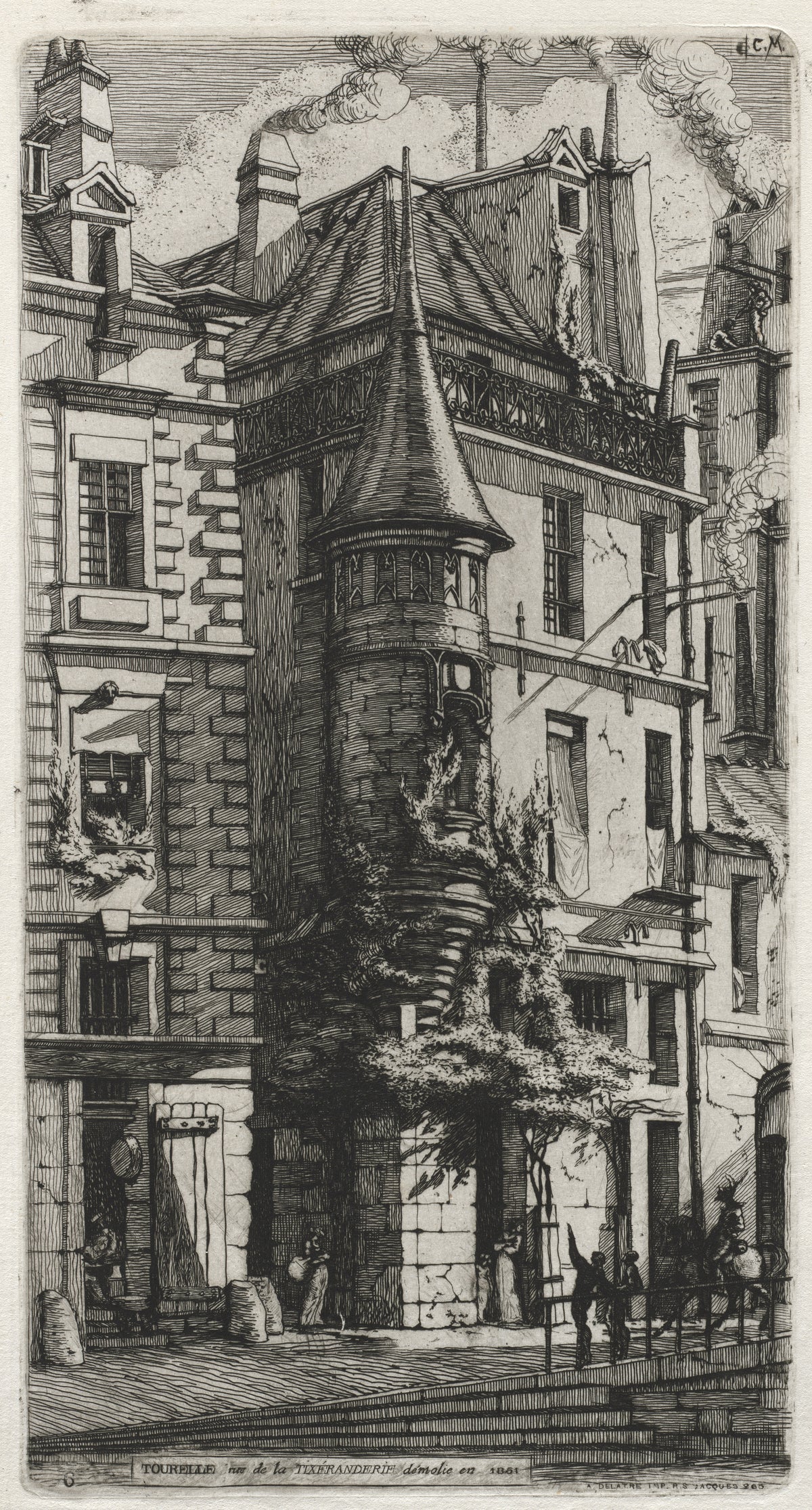 Etchings of Paris: House with a Turret, Rue de la Tixéranderie by Charles Meryon — A pointed stone turret clings to an old house on a Paris street corner
