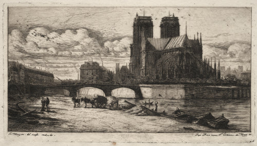 Etchings of Paris: The Apse of the Cathedral of Notre Dame by Charles Meryon — Notre Dame's apse and buttresses rise above the Seine