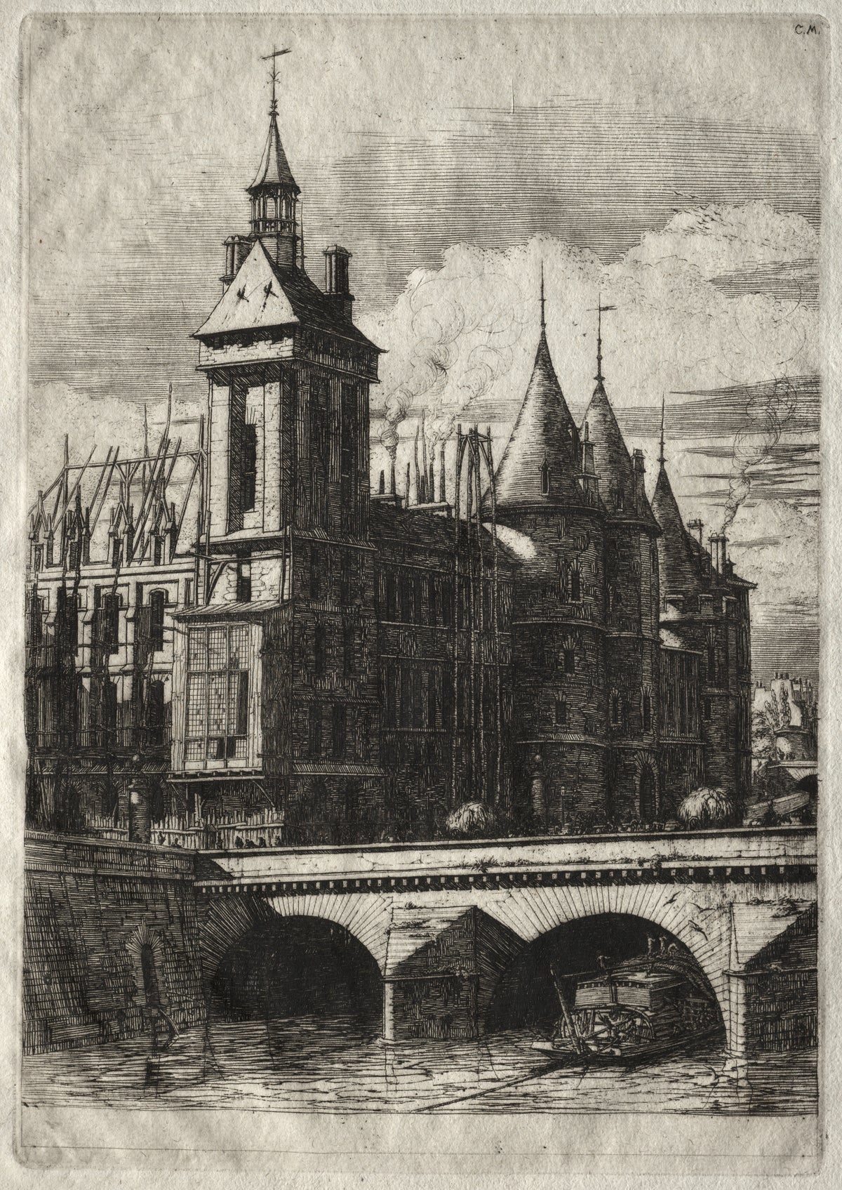 Etchings of Paris: The Clock Tower by Charles Meryon — A clock tower and conical turrets rise above a bridge on the Seine