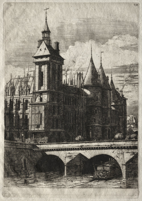 Etchings of Paris: The Clock Tower by Charles Meryon — A clock tower and conical turrets rise above a bridge on the Seine
