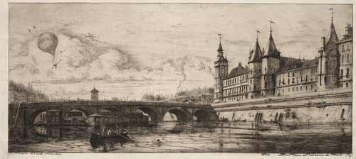 Etchings of Paris: The Exchange Bridge by Charles Meryon — A balloon drifts over a stone bridge and the turrets of the Seine