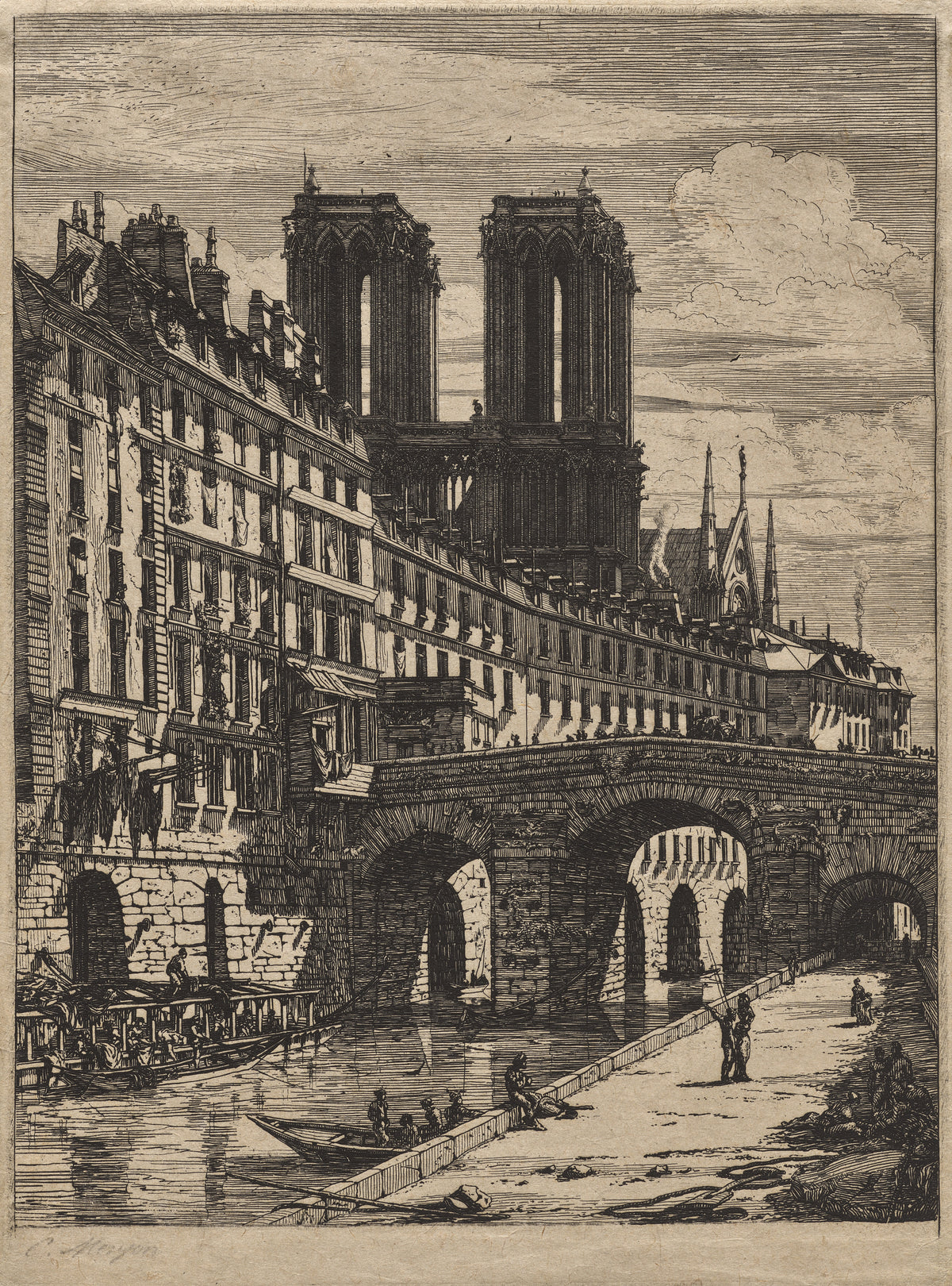 Etchings of Paris: The Little Bridge by Charles Meryon — Notre-Dame's towers loom over a stone bridge and boats on the Seine