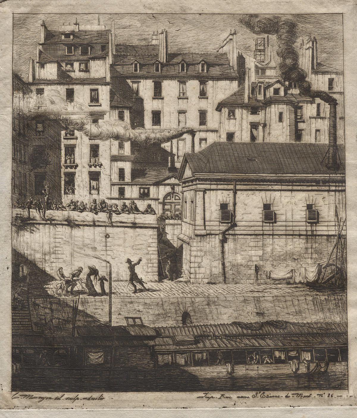 Etchings of Paris: The Mortuary by Charles Meryon — A body is carried up from the Seine beneath crowded Paris rooftops
