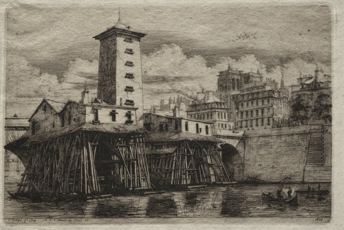 Etchings of Paris: The Notre Dame Pump by Charles Meryon — A pump house on timber stilts stands in the river below Notre Dame