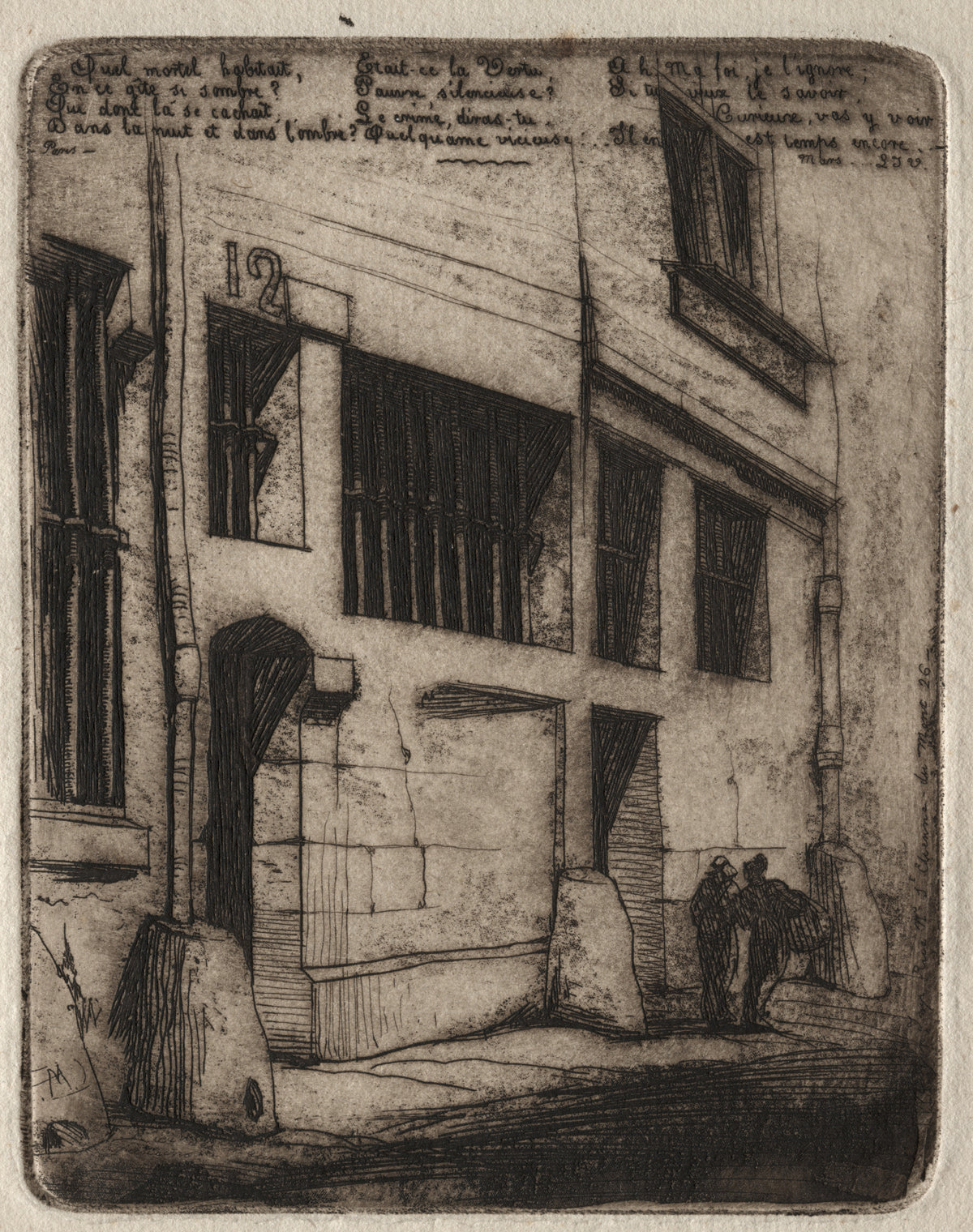 Etchings of Paris: The Street of the Bad Boys by Charles Meryon — Two cloaked figures meet in a shadowed old Paris lane