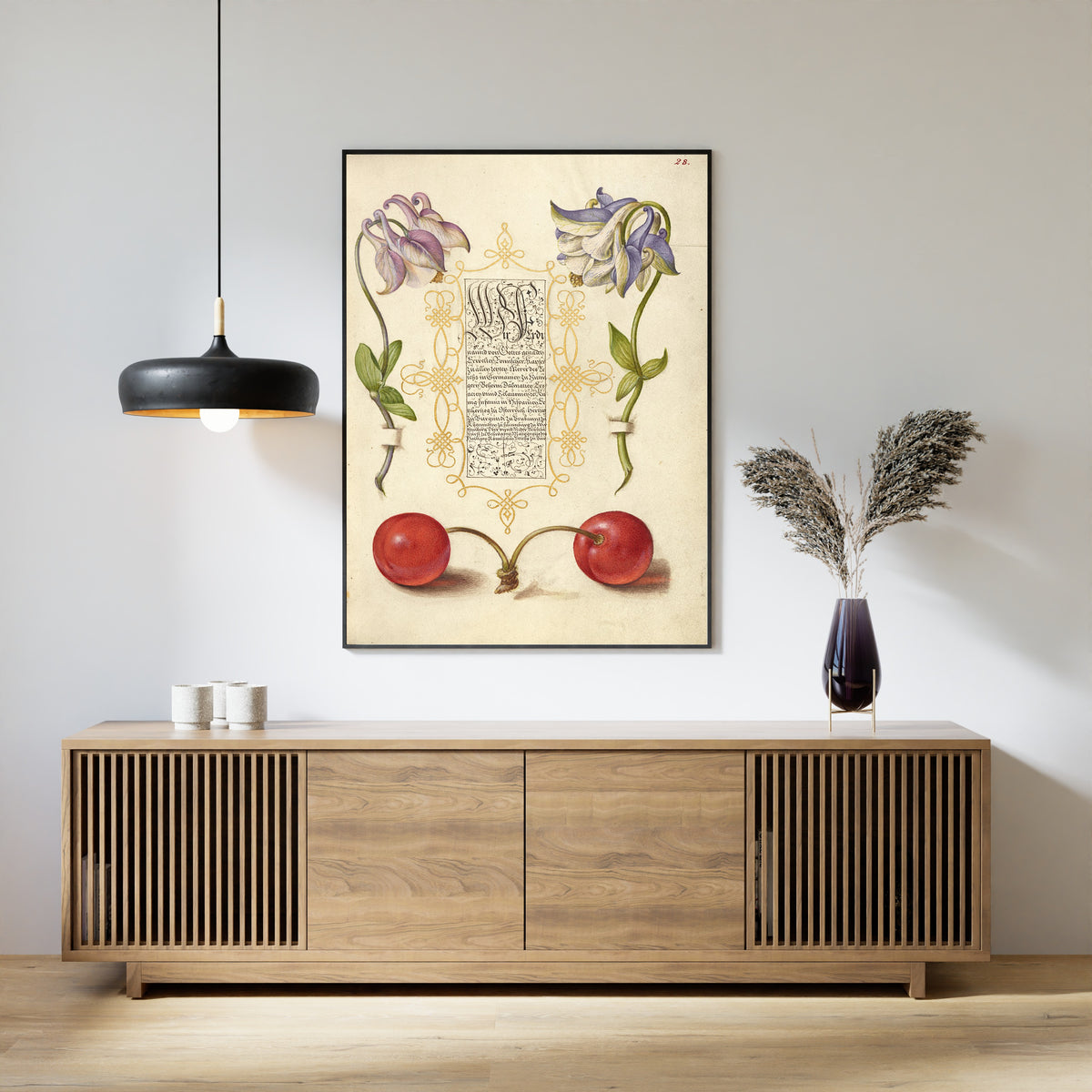 Joris Hoefnagel — European Columbines and Sweet Cherry | Botanical Calligraphy Print