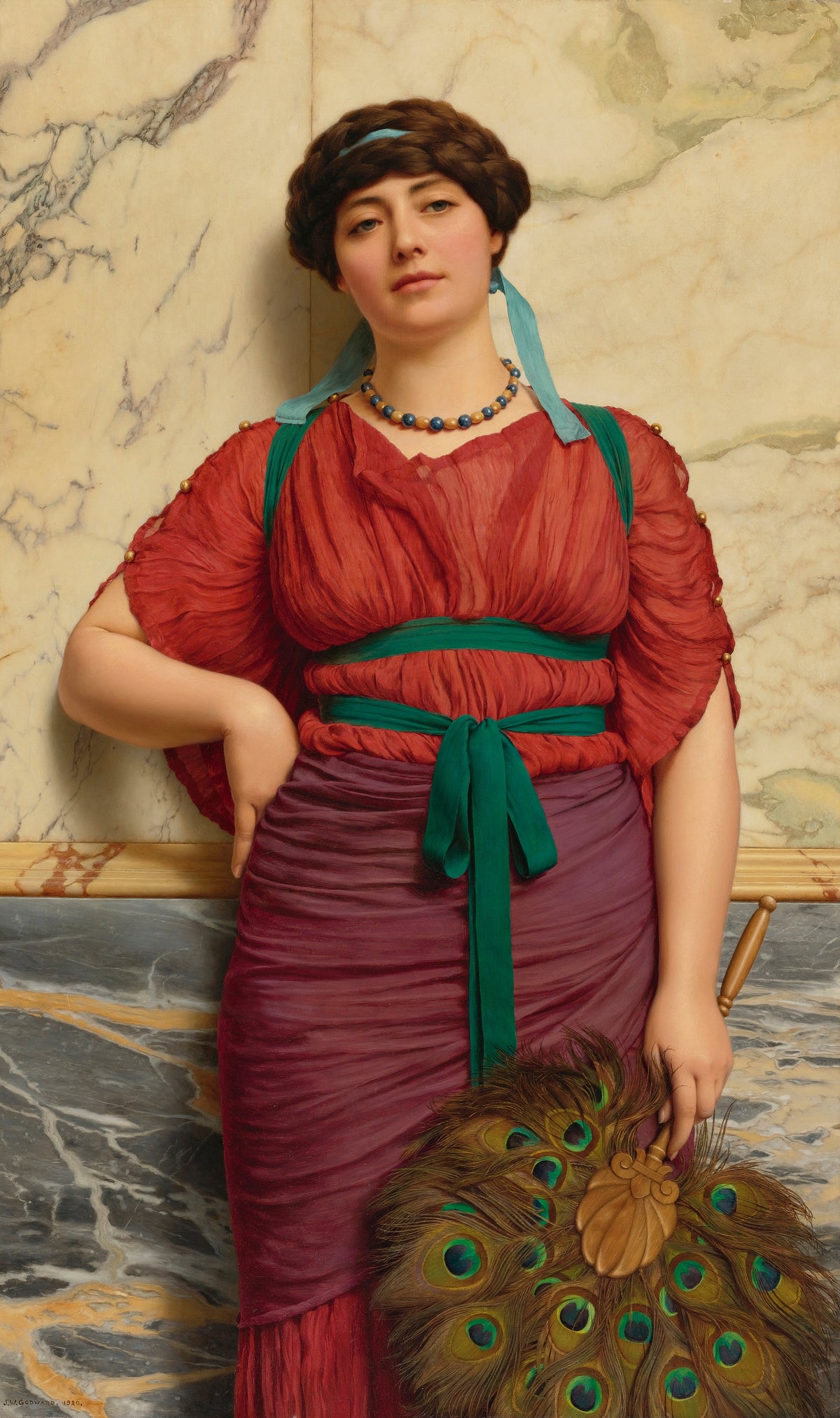 Eurypyle by John William Godward — A woman in coral red stands with a peacock-feather fan