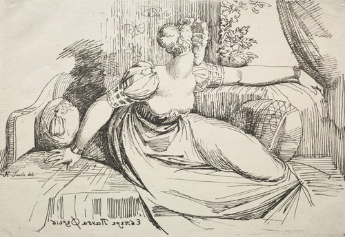 Evening Thou Bringest All by Henry Fuseli — A young woman twists across a couch towards a curtained window