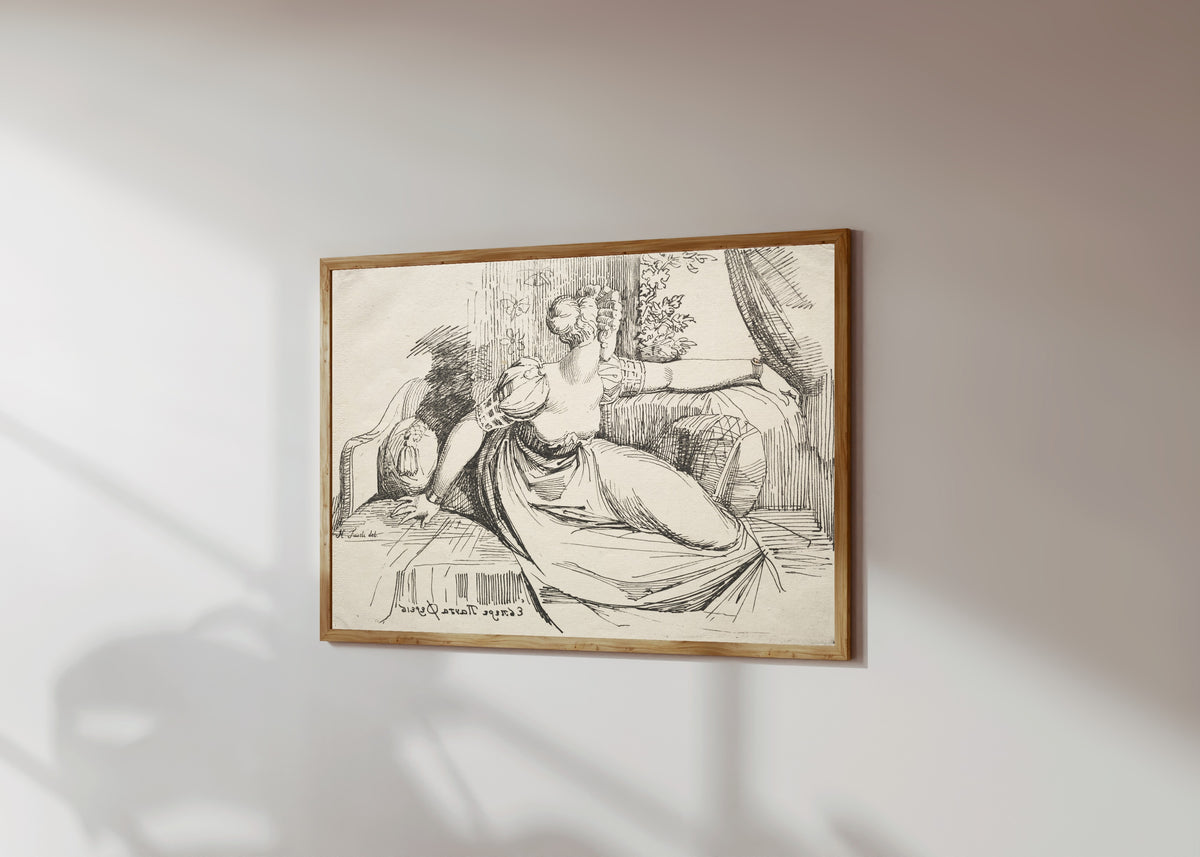 Framed art print of Evening Thou Bringest All by Henry Fuseli, in a light wood frame on a sunlit white wall, seen at a slight angle
