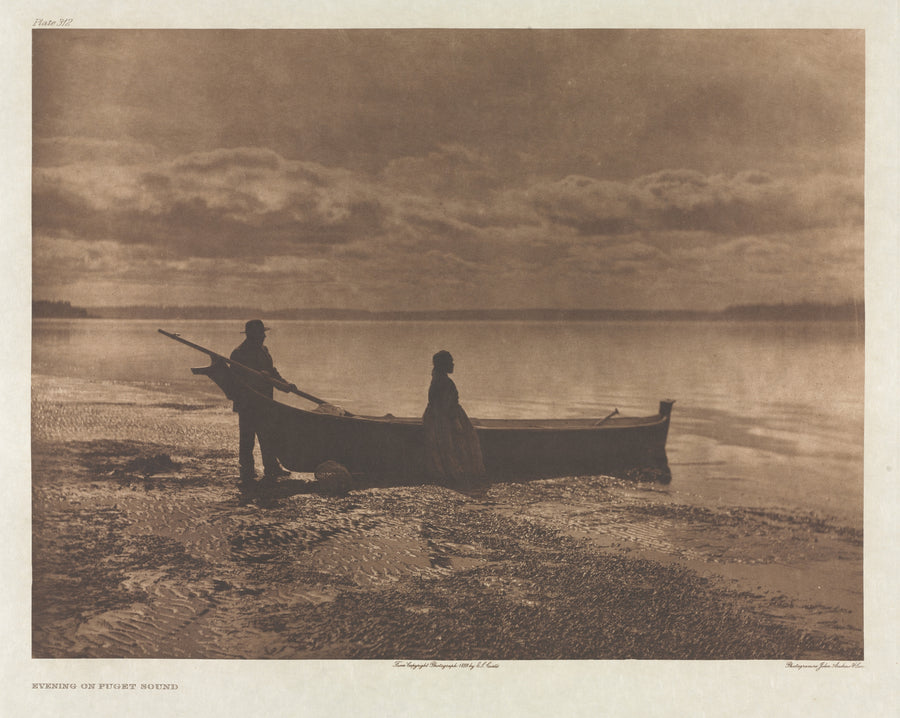 Edward S. Curtis — Evening on Puget Sound | Vintage Photograph Print shown to scale on a wall above a sofa
