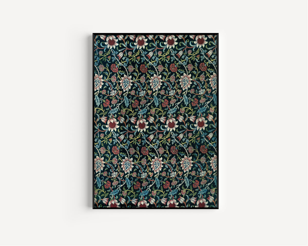Framed art print of Evenlode by William Morris, in a slim black frame on a plain white wall