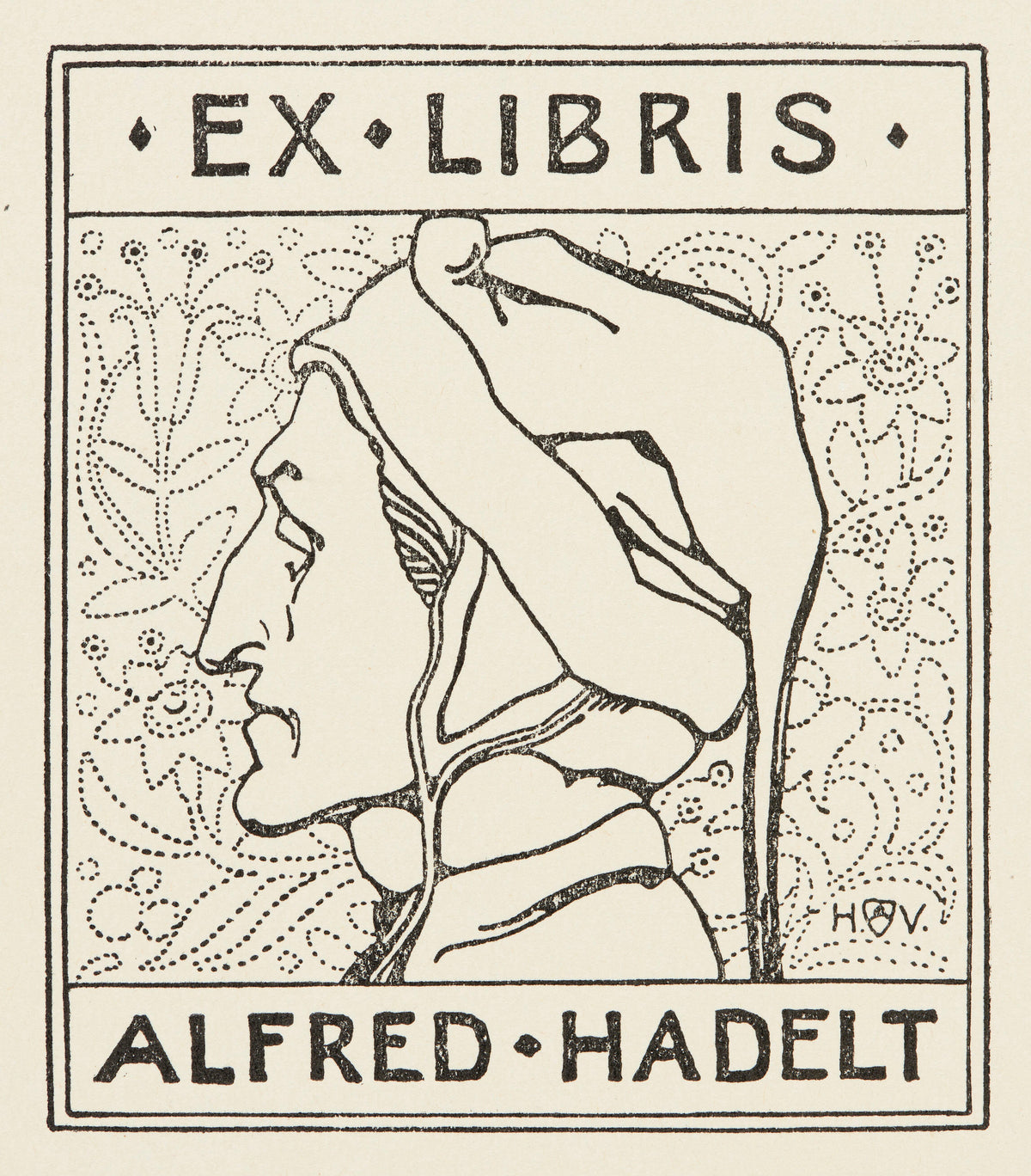 Ex Libris Alfred Hadelt by Heinrich Vogeler — A hooded profile against a ground of dotted flowers