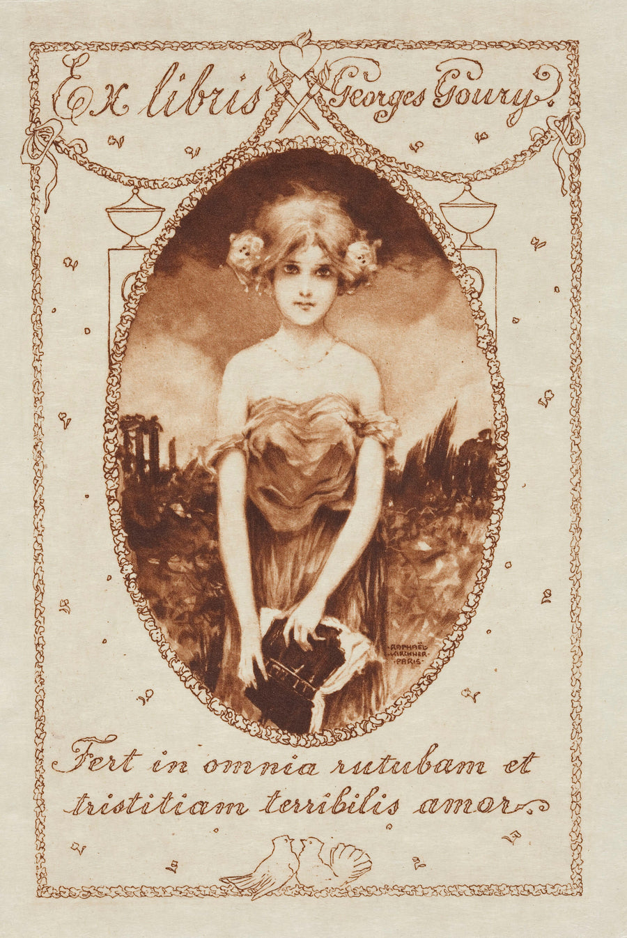 Raphael Kirchner — Ex Libris Georges Goury | Art Nouveau Print shown to scale on a wall above a sofa
